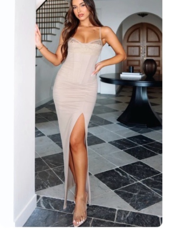 White Fox Boutique Dresses & Skirts - White Fox Boutique Beige Lace-Trim Slit Maxi Dress